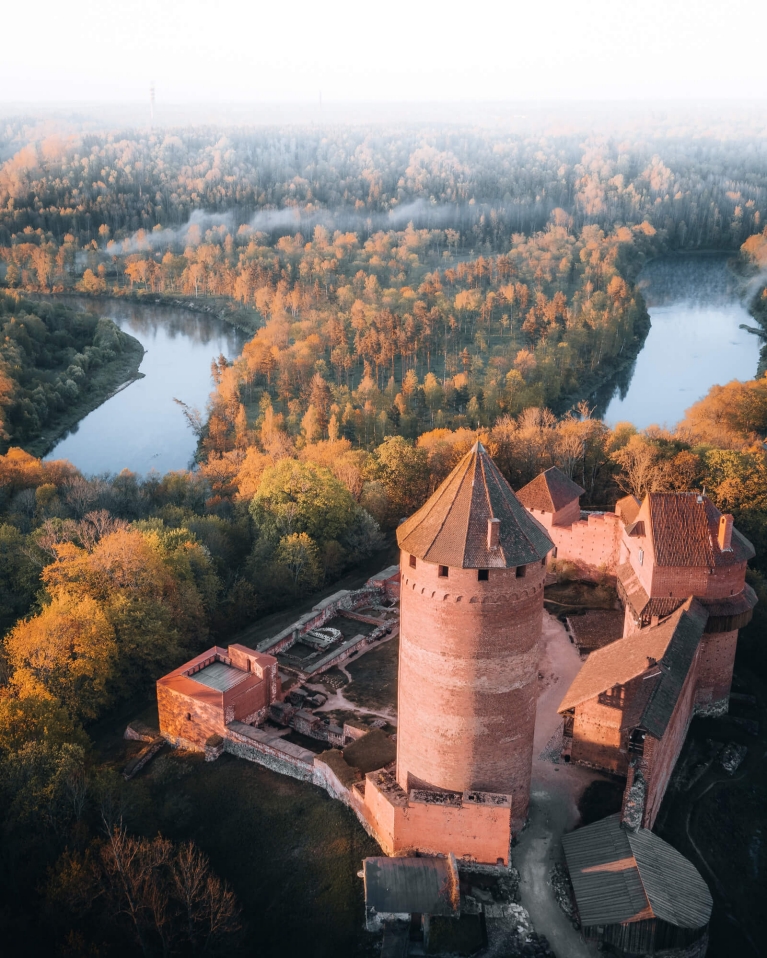 An aerial view of a. castle in Sigulda, Latvia